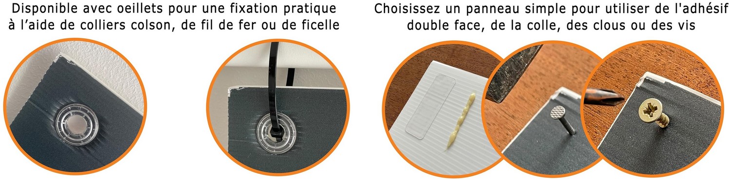 Options de fixation panneau immobilier : oeillets, colliers colson, clous, vis ou adhésif double face